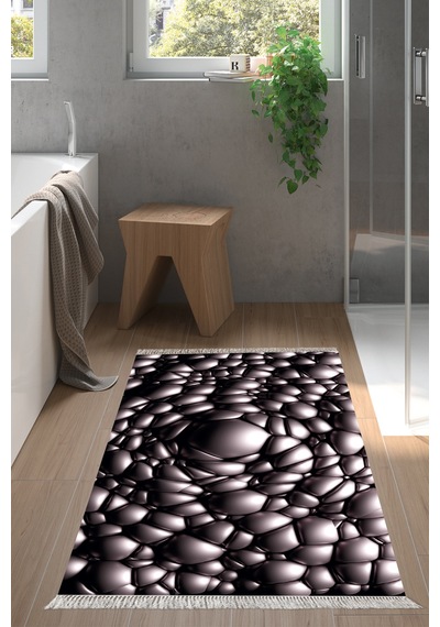 Kaymaz Dijital Mutfak & Salon Halı Trend Saçaklı Geometrik E5009 Siyah