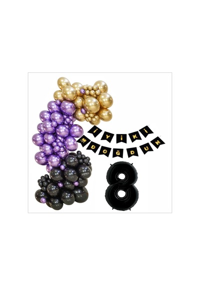 8 Yaş Siyah, Gold, Mor Balon+banner Seti