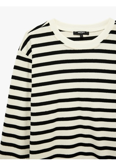 Koton Uzun Kollu Üç İplik Şardonlu Bisiklet Yaka Çizgili Sweatshirt Siyah Çizgili 7wam70265mk