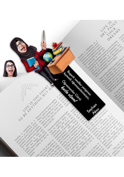Kişiye Özel Tesettürlü Kadın Öğretmen Karikatürlü Ahşap Kitap Ayr (516349792)
