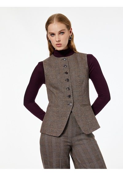 Koton Slim Fit Bisiklet Yaka Düğmeli Ekose Yelek Kahverengi Ekose 7wak20142ew