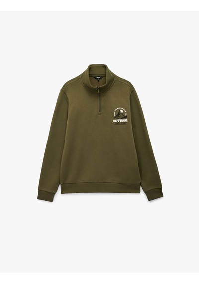Koton Baskılı Yarım Fermuarlı Şardonlu Uzun Kollu Dik Yaka Sweatshirt Haki 6wam70149mk Haki