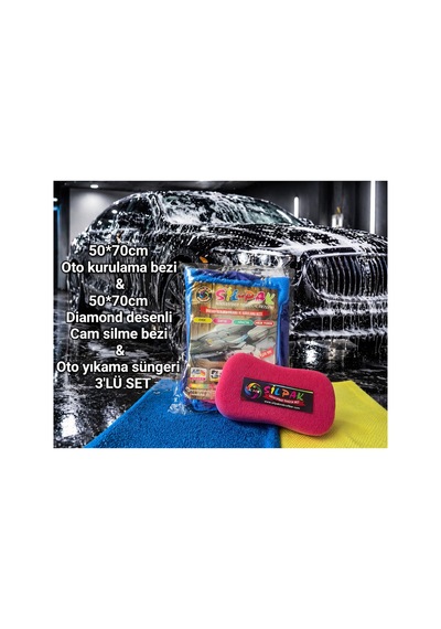 Silpak 3 Lü Araç Temizlik Seti 50x70 Mikrofiber Kurulama Bezi+diamond Cam Bezi+oto Yıkama Süngeri