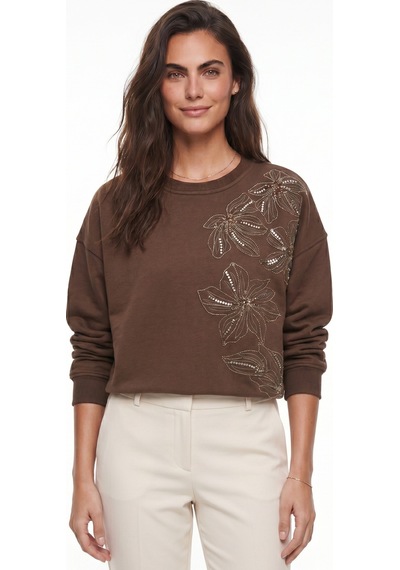 Onloox Kadın Kahverengi Kahverengi Pamuklu Esnek Bisiklet Yaka Relaxed Çiçek Boncuk İşlemeli Sweatshirt