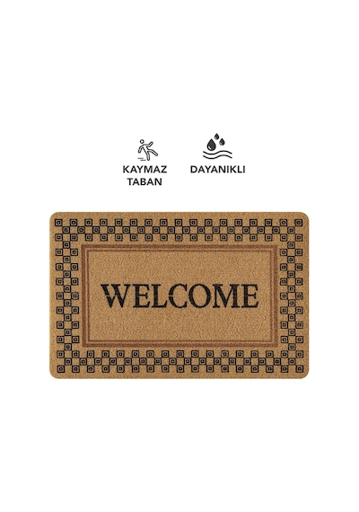 Coco Entry Ps029a Damalı Çerçeve Welcome Desen Kalın Kaymaz Taban Nem Alıcı Şık Kapı Önü Paspası Hardal