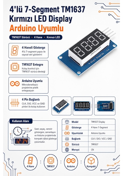 4 Lü 7-segment Tm1637 Kırmızı Led Display Modülü Arduino Uyumlu Dijital Gösterge