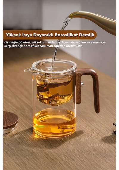 Borosilikat Cam Sihirli Demlik Ahşap Saplı Isıya Dayanıklı Çaydanlık 520 Ml Şeffaf
