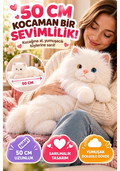 Beyaz Gerçek Kedi Görünümlü Pelüş Kedi 50 Cm Uzun Tüylü Yumuşacık Sarılmalık Dekoratif Oyuncak Kedi