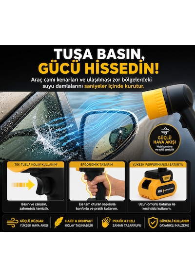 48v Şarjlı Turbo Hava Üfleyici Fan Kablosuz Güç Maksimum Performans Güçlü Yaprak Üfleme & Araç Temizleme