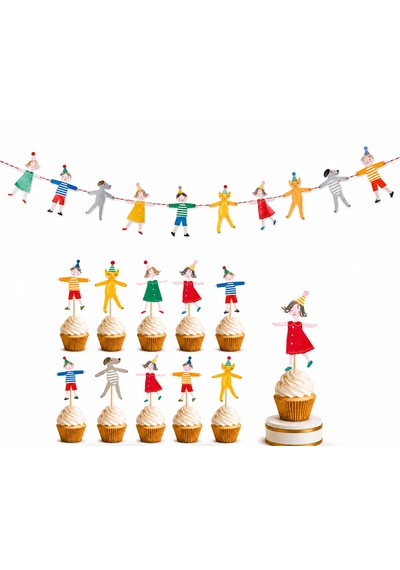 El Ele Tutuşan Çocuklar Parti Bannerı 3 Metre + 10 Adet Cupcake Kürdan Seti Doğum Günü Süsü Dekorasyonu Tüm Yaşlar