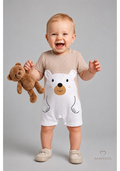 Babyden's Erkek Bebek Ayıcık Baskılı Kısa Kollu %100 Pamuk Yazlık Bebek Tulumu Yenidoğan Günlük Tulum 0-9 Ay Bej