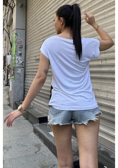 Kadın Sarı & Beyaz Kısa Kol, Color Block Tasarım, Salaş Bluz, Tshirt Sari