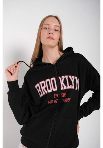 Tarzsokak Kadın Siyah Brooklyn Baskılı Oversize Hırka Brooklynhırka