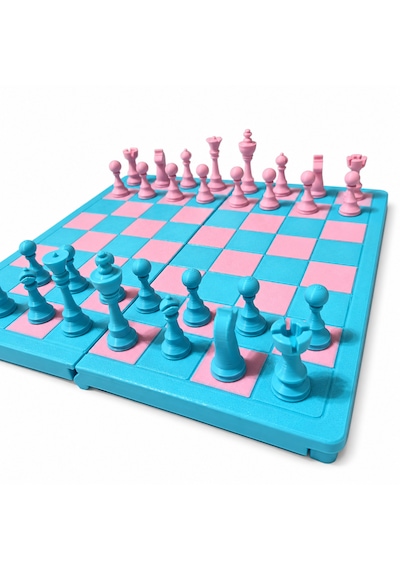 Katlanabilir Satranç Takımı 21x21 Cm Pembe Mavi Çocuk Ve Yetişkin Satranç Seti, Taşınabilir Strateji Oyunu