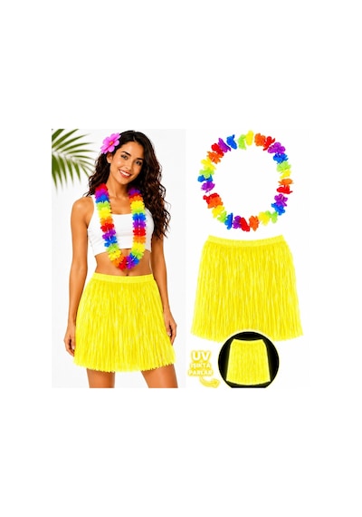 Neon Sarı Hawaii Etek 40 Cm Ve Rengarenk Hawaii Kolye