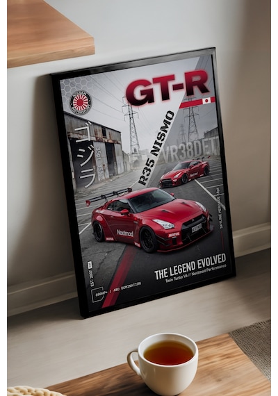 Nissan Gt-r R35 Nismo Siyah Ahşap Çerçeveli Poster, Dekoratif Araba Duvar Tablosu