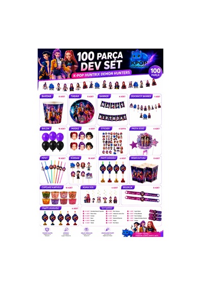K Pop Huntrix Demon Hunters 100 Parça Dev Doğum Günü Parti Seti Banner Balon Bardak Tabak Süs +3