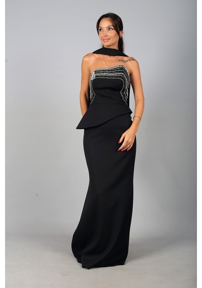 By Saygı Kadın Asimetrik Straplez Yaka Astarlı Önü Taşlı Peplum Detaylı Krep Uzun Elbise Siyah By Saygı Kadın Asimetrik Straplez Yaka Astarlı Önü Taşlı Peplum Detaylı Krep Uzun Elbise Siyah