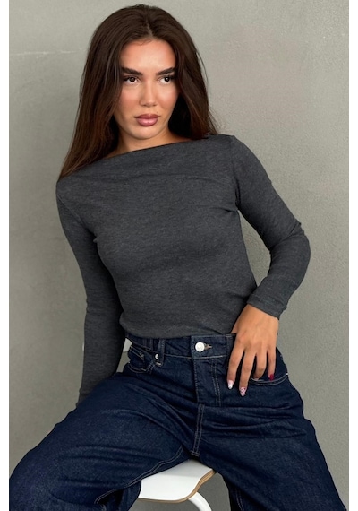 Madmext Antrasit Kayık Yaka Fitilli Slim Fit Kadın Bluz Mg2909