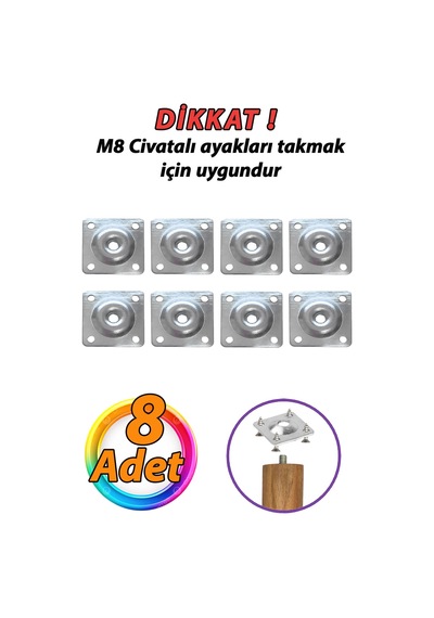 Mobilya Baza Koltuk Zigon Sehpa Ayağı Metal Bağlantı Aparatı Düz Ayak Tabanı M8 Civatalı 8 Adet Be Diğer