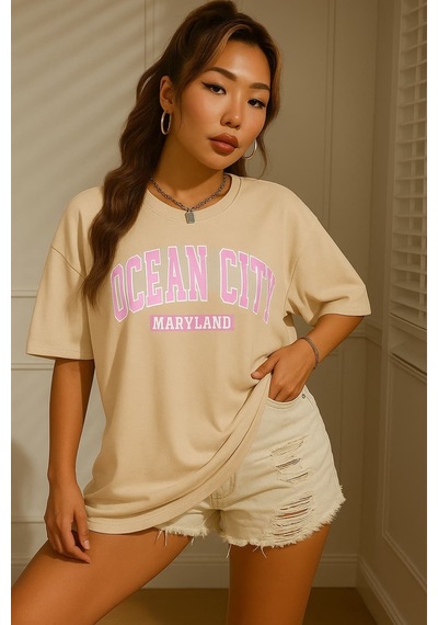 Ocean Cıty Baskılı Oversize Unisex Tişört Bej