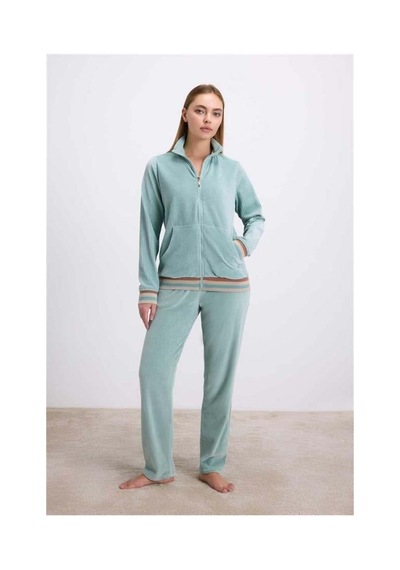 M Merc Giyim Kadife Dokulu Uzun Kollu Sweatshirt Ve Pantolon Takımı Yeşil