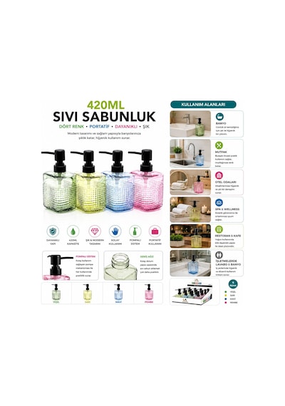 Alvetro Alv-06 Şeffaf Renkli Cam Sıvı Sabunluk 420 Ml - Dikdörtgen Çizgili Şişe- 12'li Paket Diğer
