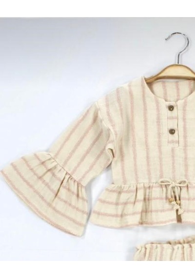 Babyhola Kız Bebek Çocuk Bayramlık Takım Volan Kollu Simli Müslin 2011 Somon