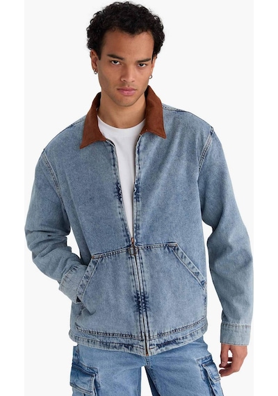Defacto Relax Fit Kontrast Yaka Düğmeli Denim Ceket F8308ax25aunm39 Mavi