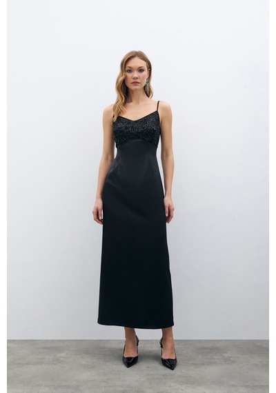 Sateen Payet Detaylı Saten Elbise - Siyah-135686 Siyah