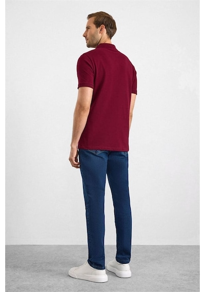 Süvari Koyu Bordo Slim Düz Nakışlı Pike Düğmeli Polo Yaka Tişört Ts1014000474-k09