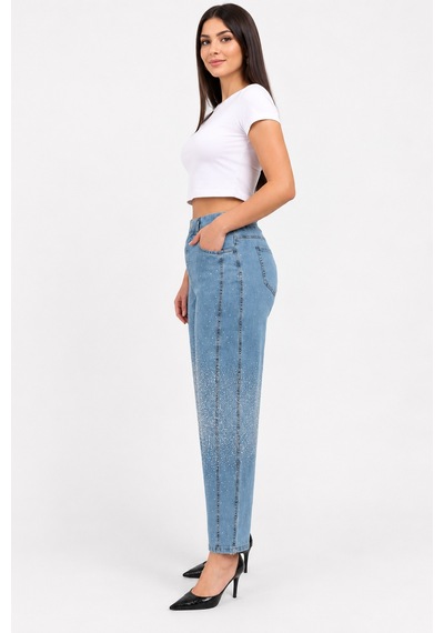 Büyük Beden Yüksek Bel Taş Detaylı Likralı Denim Mom Kadın Pantolon Mavi