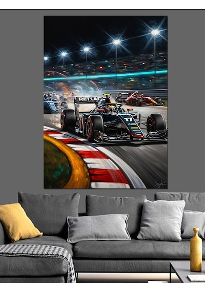 Ahşap Tablo Gece Yarısı Yarış Pisti Ve Formula 1 Arabaları Çocuk Odası Tabloları