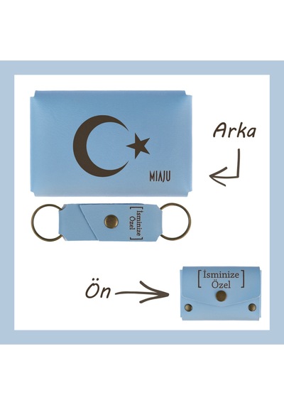 Miaju Açık Mavi, Ay Yıldız Desenli, İsme Özel, Cüzdan Ve Anahtarlık Set, Hediyelik Anı, Muhteşem Hatıra Açık Mavi