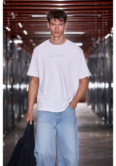 Grimelange Saımon Erkek %100 Organik Pamuklu Yuvarlak Yakalı Nakış Detaylı Regular Fit Ekru T-shirt