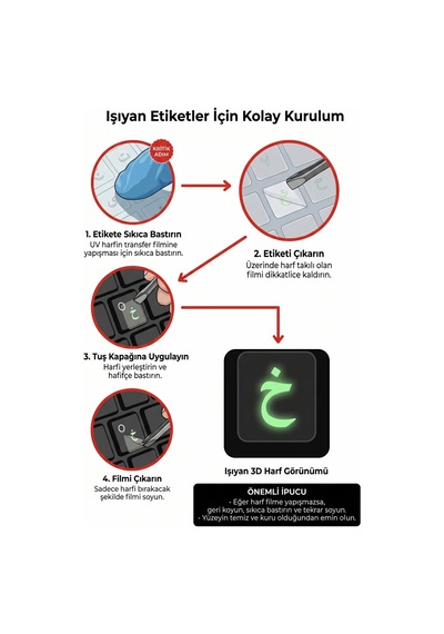 Arapça Karanlıkta Parlayan 3d Klavye Etiketi Uv Transfer, Şeffaf, Kabartmalı Harfler, İz Bırakmaz, Işıksızda Görünür Beyaz Diğer