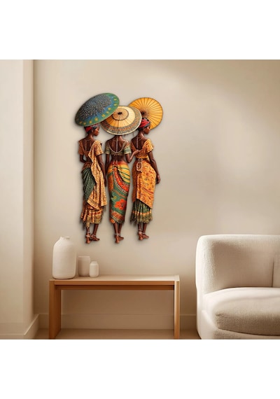Renkli Şemsiyeli Üç Kadın - Metal Tablo - Dec0283 56 X 95 Cm Çok Renkli