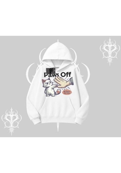 Paws Off Yazılı Kedi Baskılı Streetwear Kapşonlu Sweatshirt Beyaz