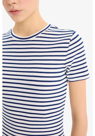 DeFacto Coool Bodycon Vücudu Saran Bisiklet Yaka Çizgili Fitilli Kaşkorse Kısa Kollu Mini Elbise C1733AX25SPNV248
