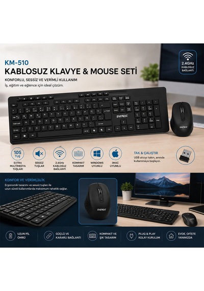 Kablosuz Multimedia Klavye - Mouse Seti Siyah Q Klavye Km-510 5047 Diğer
