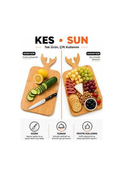 Geyik Boynuzlu Ahşap Kesim Ve Sunum Panosu 37x18 Cm Dekoratif Servis & Kahvaltı Tahtası