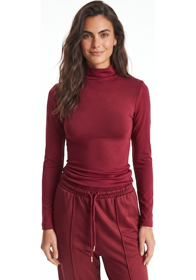 Onloox Kadın Bordo Bordo Viskon Dokuma Yarım Balıkçı Yaka Slim Fit Uzun Kollu Esnek Basic Bluz