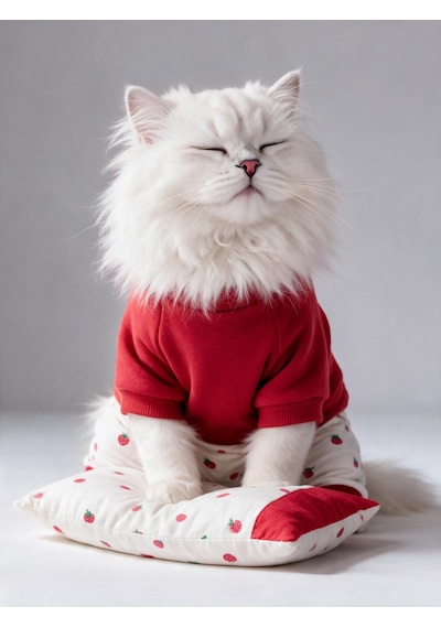 Tatlı Çilek Kedi Rüyası Pamuklu Çilekli Kedi Tulumu, Kırmızı Sweatshirt Ve Mini Yastık 3parça