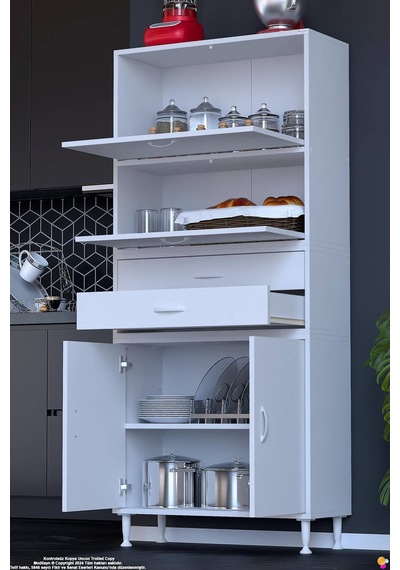 Nexa 80 Cm 2 Çekmece 4 Kapaklı Çok Amaçlı Mutfak, Bakliyat Ve Kahve Köşesi Banyo Dolabı 80x181x32 Cm Beyaz