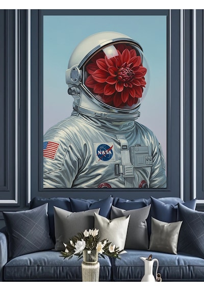 Karizma Tablo Astronot Başlı Çiçekli Adam Dekoratif Kanvas - Mdf Ahşap Tablo