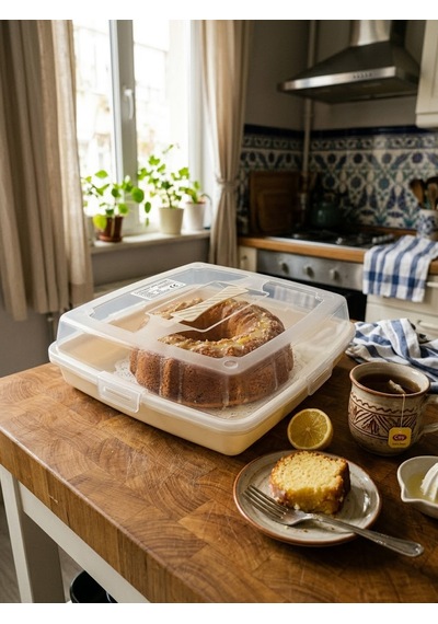 Kare Kek Ve Börek Saklama Kabı 30x30 Cm Tutacaklı Kilitli Kapaklı Pasta Poğaça Taşıma Kutusu Krem