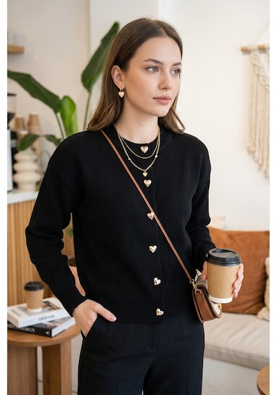 Sayzen Your Shine Trend Basic Kalp Düğmeli Kadın Hırka Siyah