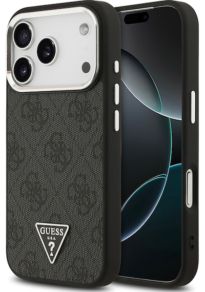 Apple Uyumlu iPhone 17 Pro Kılıf Guess Lisanslı M-safeli Gümüş Kamera Çerçeveli Üçgen Logo 4g Desenli Siyah Siyah