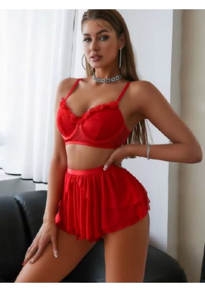 Kadın Kırmızı İki Parça Şık Askılı Gece Elbise Kırmızı