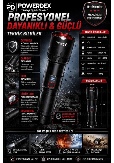 Profesyonel Zoomlu Avcı Feneri 40w 4000 Lümen 8800 Mah Şarjlı Led El Feneri Dijital Batarya Gösterge Çok Renkli